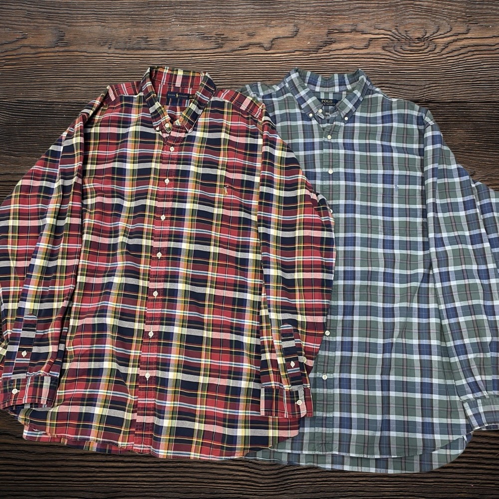 Lot of 2 Polo Ralph Lauren Mens 4XLT Plaid Button Down Shirts Red Blue Teal Tall